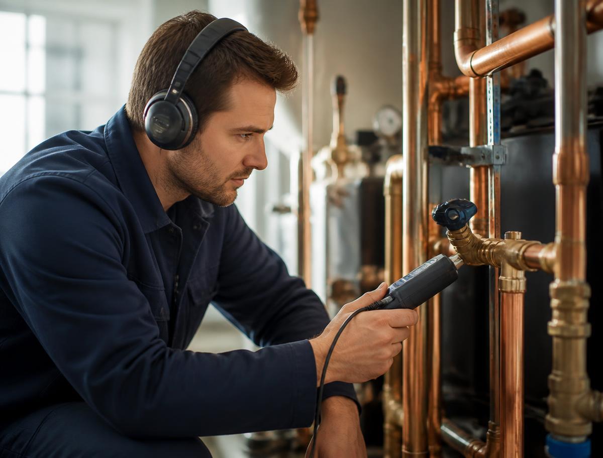 Expand Plumbing & Gas technician using acoustic leak detection equipment on commercial pipework